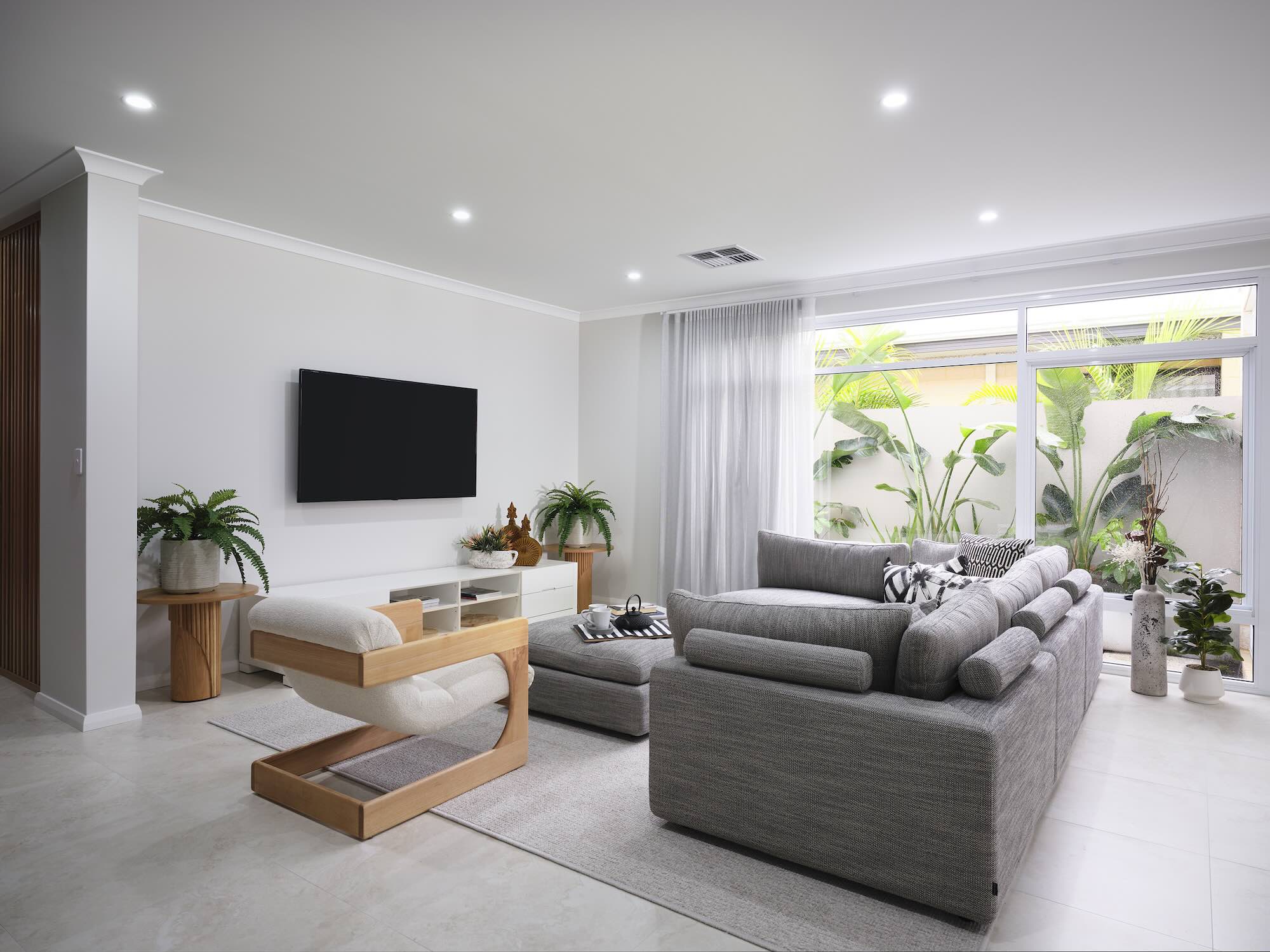Lake Treeby display village affordable living display home the villa tv lounge room
